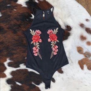 Windsor Faux suede Roses Appliqué bodysuit!